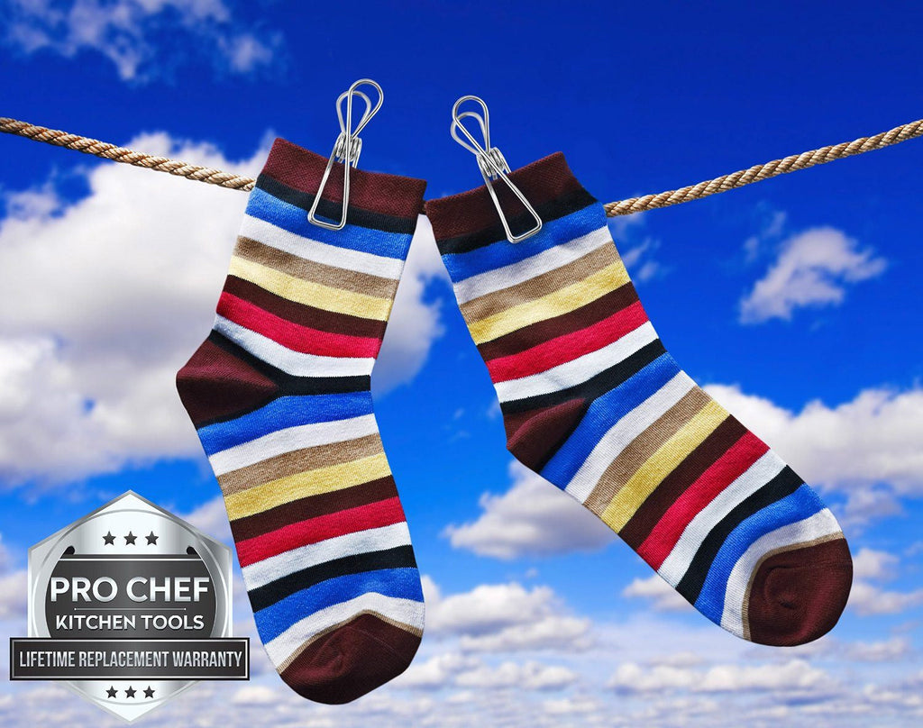 Laundry Clothes Pins - Clothesline Clips - Travel Clothes Line Stainless Steel Wire Metal Laundry Clip - Set Of 24 Indoor Outdoor Hanger Clamps - Chip Bag Clips - Office Binder by Pro Chef Kitchen Tools