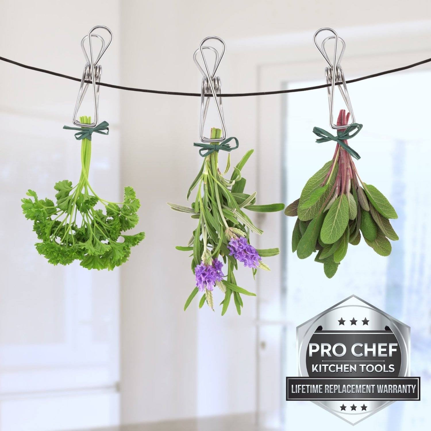 Laundry Clothes Pins - Clothesline Clips - Travel Clothes Line Stainless Steel Wire Metal Laundry Clip - Set Of 24 Indoor Outdoor Hanger Clamps - Chip Bag Clips - Office Binder by Pro Chef Kitchen Tools